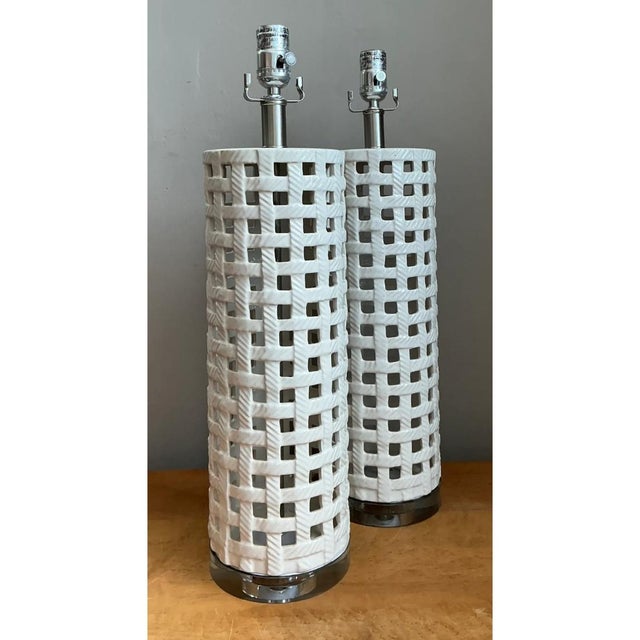 Vintage Lattice Ceramic and Chrome Lamps - Pair For Sale - Image 4 of 12