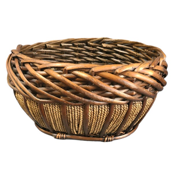 Vintage Oval Hand Woven Bamboo & Rope Storage Basket For Sale - Image 6 of 6