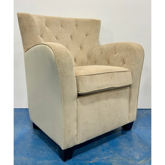 Wood Modern Beige Microfiber and Leather Tufted Club Chair For Sale - Image 7 of 7