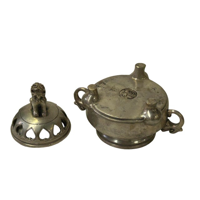 Vintage Silver Pewter Color Metal Foo Dog Ding Shape Incense Holder For Sale - Image 4 of 10