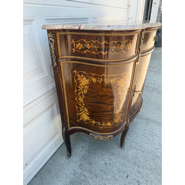 French Vintage Louis XV Style Marquetry Bombe Cabinet With Marble Top For Sale - Image 3 of 11