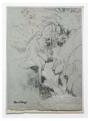 Marcel Mangin 1, Girl in the Woods, Drawing in Pencil on Paper, 20th Century