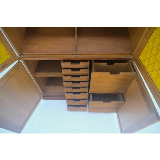 Solid Teak Multiple Fitted Drawers Amber Textured Glass Doors Cabinet Credenza For Sale - Image 11 of 16