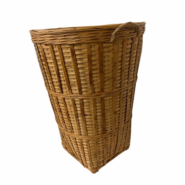 Farmhouse Vintage Tall Tapered Scorched, Tortoise Bamboo Double Handle Basket For Sale - Image 3 of 7