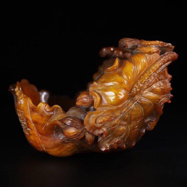 Amber Carved Horn Brush Washer With Lotus Motif For Sale - Image 8 of 9