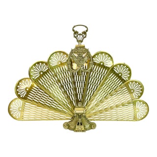1950s Vintage English Edwardian Neoclassical Brass Peacock Fan Fireplace Screen For Sale