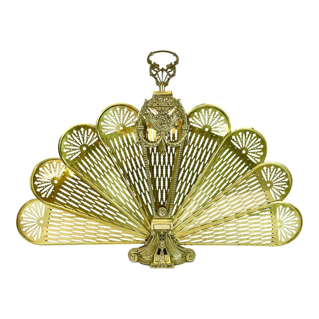 1950s Vintage English Edwardian Neoclassical Brass Peacock Fan Fireplace Screen. For Sale