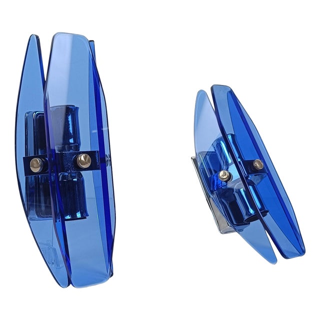 Italian Sconces in Chrome and Blue Beveled Glass from Veca, 1970s, Set of 2 For Sale