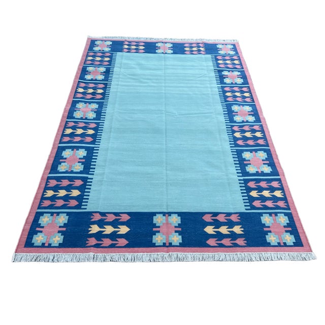 Not Yet Made - Made To Order Handmade Cotton Natural Vegetable Dyed Reversible Green Blue Pink Leaf Pattern Rug Dhurrie - 9'x12' For Sale - Image 9 of 11