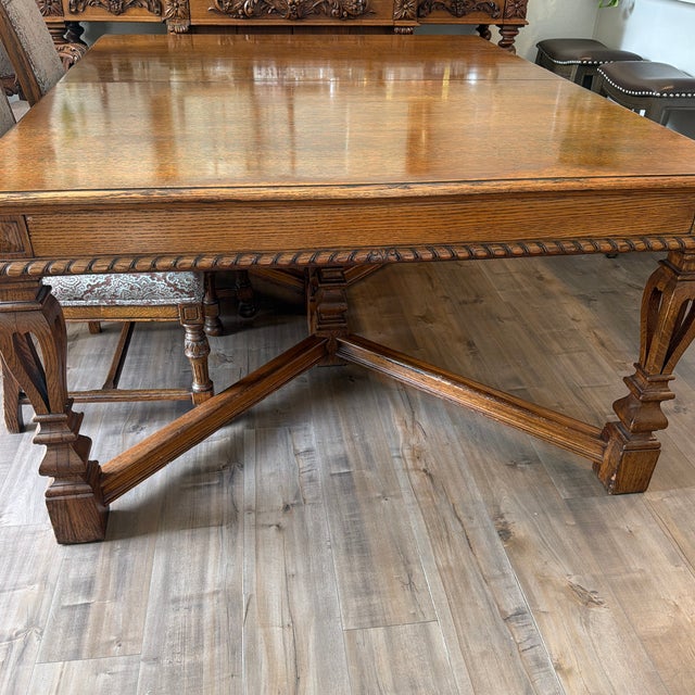 19th Century Antique Oak Dining Set With 6 Chairs Total Includes 2 Armchairs For Sale - Image 9 of 10