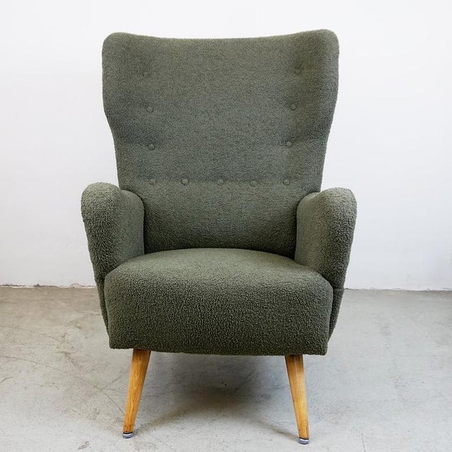 1950s Mid-Century Grey-Green Bouclé Wingback Armchair, Austria, 1950s For Sale - Image 5 of 11