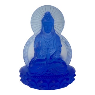Blue Frosted Crystal Glass Lotus Base 2 Sides Bodhisattva Guanyin Figure For Sale