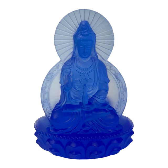 Blue Frosted Crystal Glass Lotus Base 2 Sides Bodhisattva Guanyin Figure For Sale