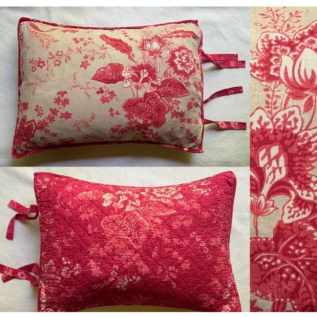 Large-Scale French Botanical Toile Pillow Sham — Rose Red on Natural Linen, Reversible For Sale - Image 10 of 12