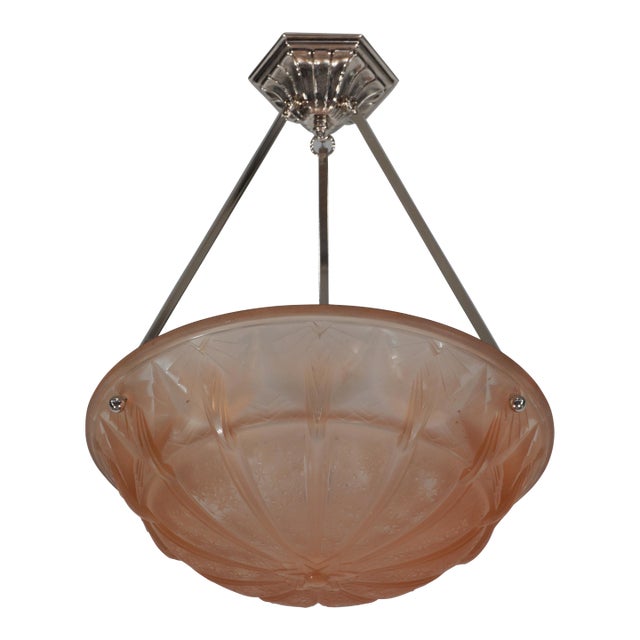 French Art Deco Geometric Peach Glass Pendant Light by Hettier & Vincent & Muller Freres For Sale