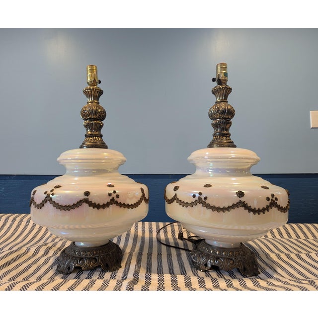 Mid-Century Modern Mid 20th Century Danish Modern Iridescent Gold Trimmed Lamps For Sale - Image 3 of 10