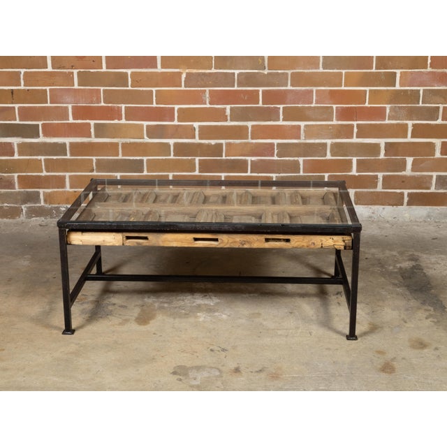 Brown Contemporary Coffee Table Made with Antique Door Fragment on Custom Iron Base For Sale - Image 8 of 11