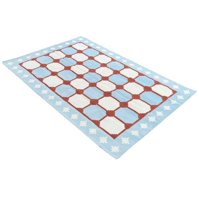 Handwoven Cotton Area Rug, Sky Blue and Terracotta Red Tile Swedish Dhurrie - 6'x9' For Sale - Image 13 of 13