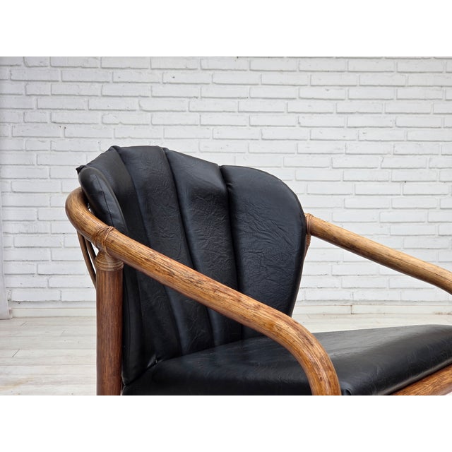 Danish Armchair in Rattan and Black Leatherette, 1970s For Sale - Image 4 of 18