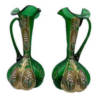 Pair of 1920s Antique Bohemian Emerald Green Vases For Sale