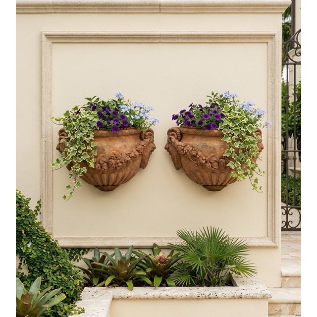 Terra Cotta Vintage Italian-Style Terracotta Ram's Head Wall Pocket Planters For Sale - Image 8 of 9