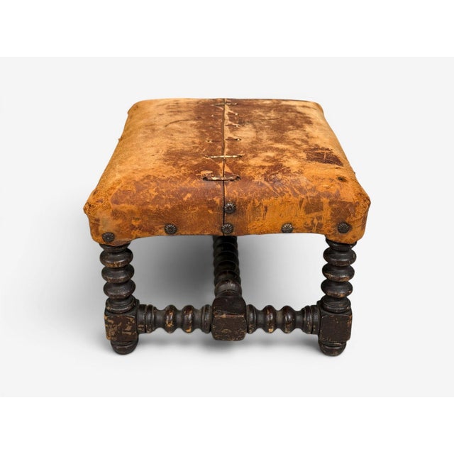 Baroque, Small Footstool, Leather, Turned Walnut, 19th C. For Sale - Image 11 of 12