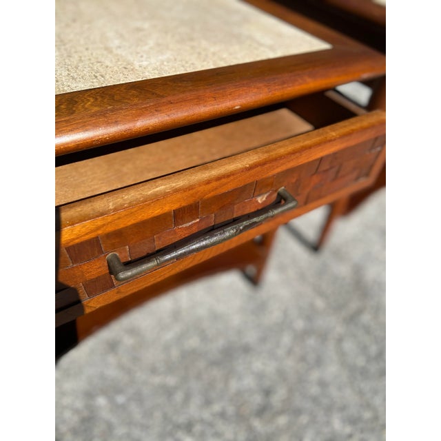 Pair of Lane Perception Style Basketweave Side Tables or Nightstands | Inset Travertine Top For Sale - Image 10 of 11