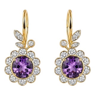 Art Nouveau Amethyst Flower and Leaf Drop Earrings, Silver, Gold, Pair For Sale