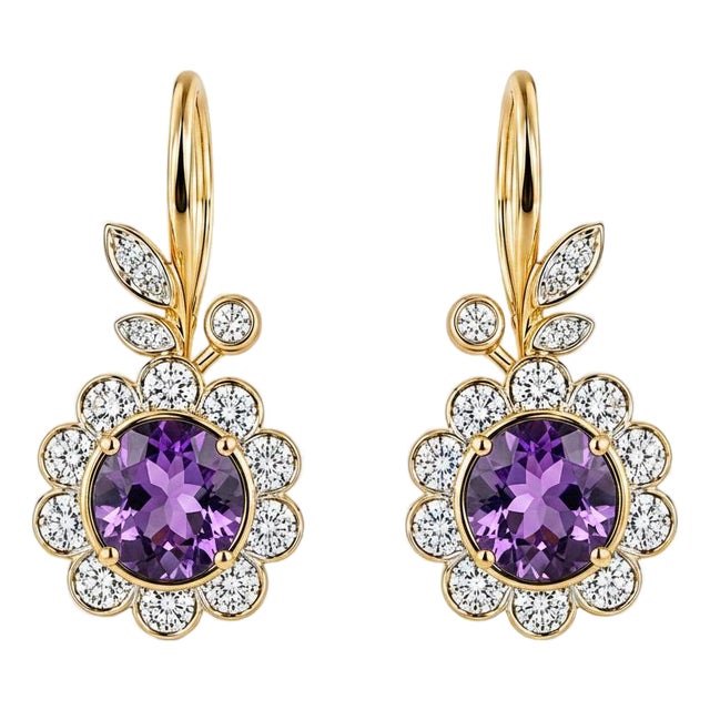 Art Nouveau Amethyst Flower and Leaf Drop Earrings, Silver, Gold, Pair For Sale