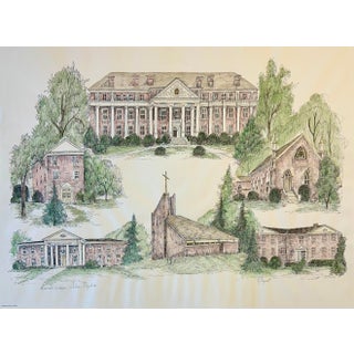 1980s Roanoke College, Salem Virginia Campus Print by Liz Bryant – Hand-Colored Architectural Illustration, 24” X 18” For Sale