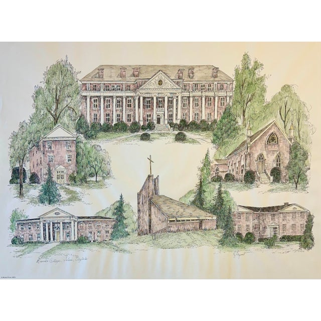1980s Roanoke College, Salem Virginia Campus Print by Liz Bryant – Hand-Colored Architectural Illustration, 24” X 18” For Sale