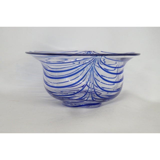 Mid Century Modern Murano Art Glass Serving Bowl With Cobalt Blue Striping 4860b For Sale In Miami - Image 6 of 12