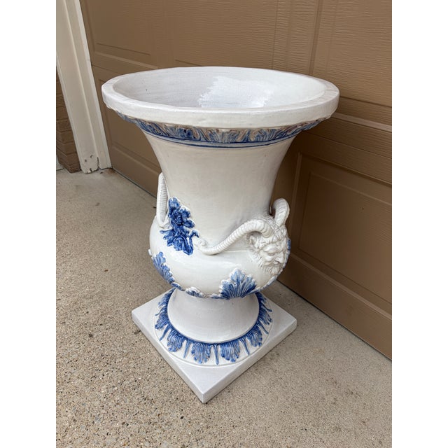 Monumental Blue & White Majolica Grecian Urn With Jupiter Ammon Motifs For Sale - Image 4 of 17