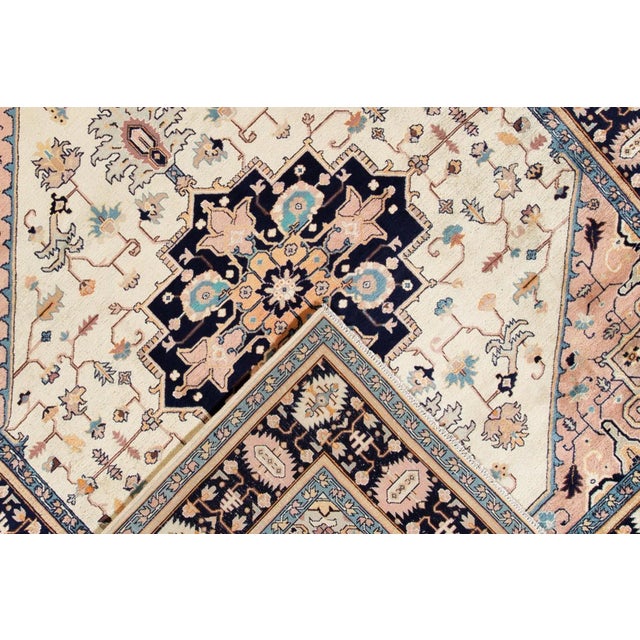 Persian Vintage Persian Heriz Handmade Ivory Medallion Wool Rug For Sale - Image 3 of 9