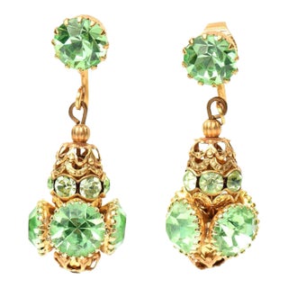 1990s Frank Hess for Miriam Haskell Dangle Clip on Glass and Gold Plated Earrings - 2 Pieces For Sale