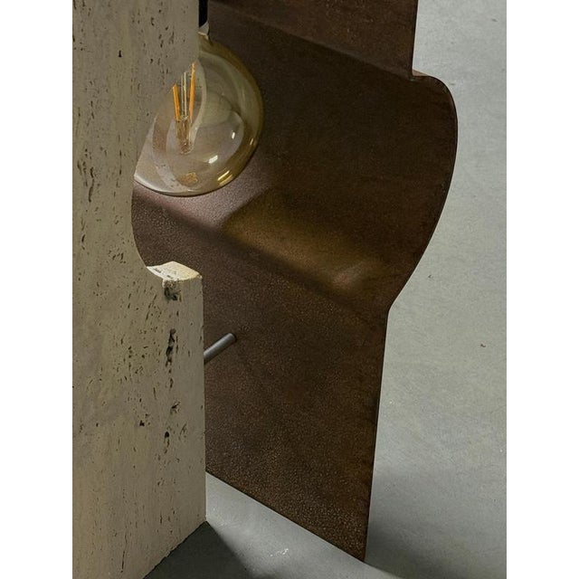 Oculus X Floor Lamp in Oxidized Iron & Travertine by D´ARK Atelier For Sale - Image 16 of 18