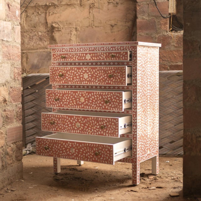 Pink Arabesque Inlay Five-Drawer Tallboy - Coral by House of Jaipur For Sale - Image 8 of 10