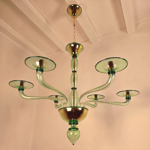 Seguso 1980s Mid Century Modern, Murano Green Glass Chandelier For Sale - Image 4 of 9