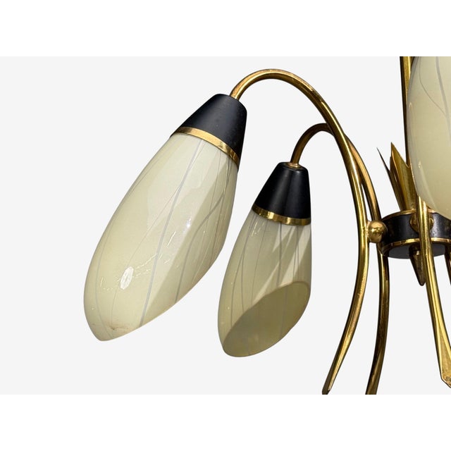 Metal 1950s Mid-Century Modern German Modern, Five-Light Chandelier, Brass, Metal, Glass For Sale - Image 7 of 13