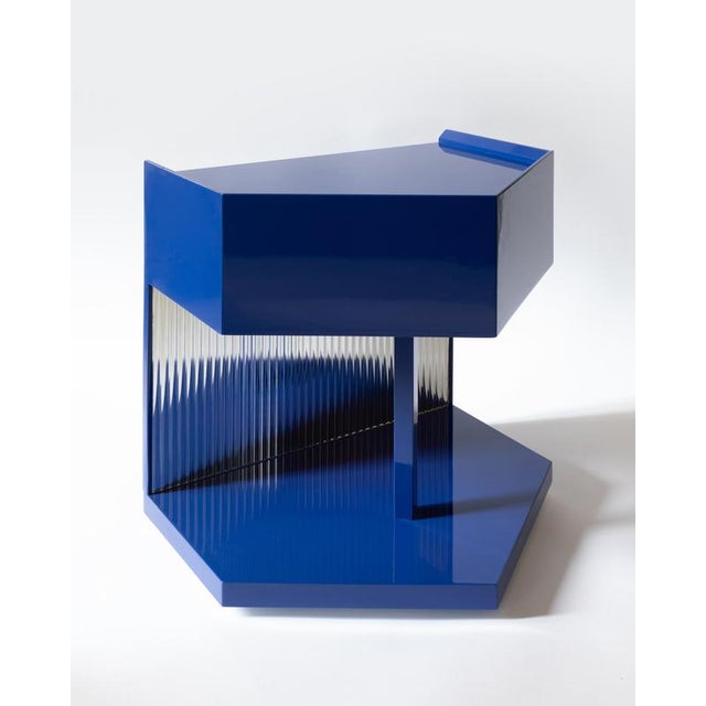 Last call night stand in glossy blue lacquered mdf & flute mirror by softhouse dimensions: d 45 x w 50 x h 45 cm....
