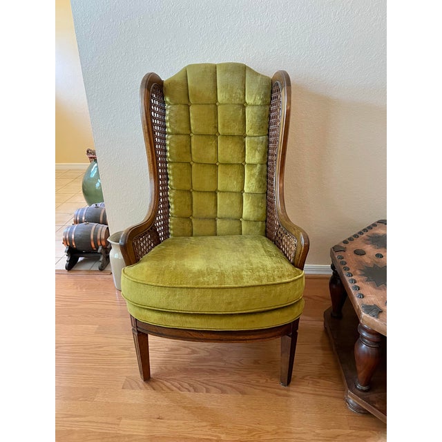 【中古】 The Green Child/CAPUCHIN CLASSICS/Graham Greene 1960 Caned Wingback Armchairs in Green Crushed Velvet Pair