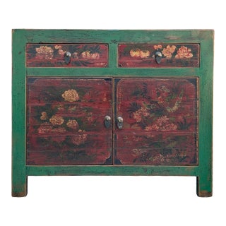 Vintage Distressed Rich Green Red Floral Graphic Credenza Sideboard Cabinet For Sale