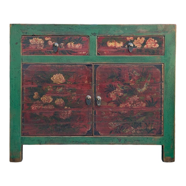Vintage Distressed Rich Green Red Floral Graphic Credenza Sideboard Cabinet For Sale