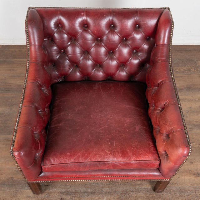 English 20th Century English Vintage Red Leather Square Club Chair For Sale - Image 3 of 12