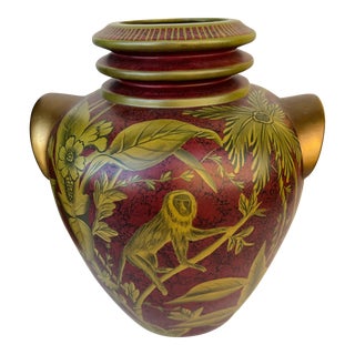 Vintage Vase Red & Gold Tropical Print With Monkeys For Sale