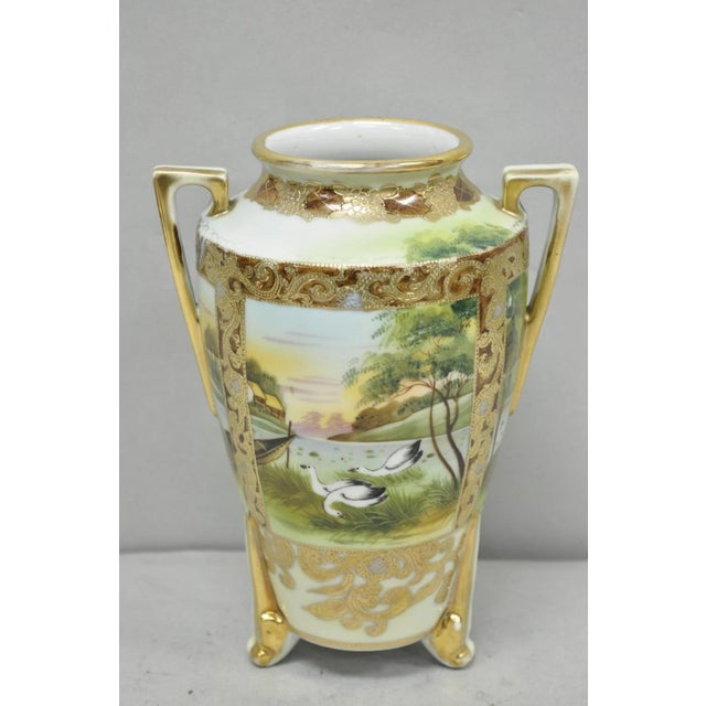 Antique Nippon Hand Painted Porcelain Twin Handled Vase W/ Swan & Lake Scene For Sale - Image 16 of 16