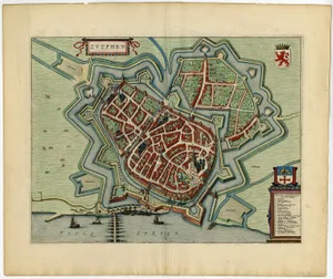 Map with Bird's-Eye View of Zutphen in the Netherlands by Blaeu, 1649