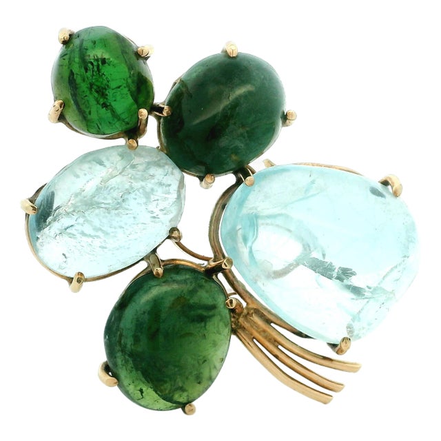 Italian Mid-Century Convertible Aquamarine & Green Tourmaline 14k Brooch Ring For Sale