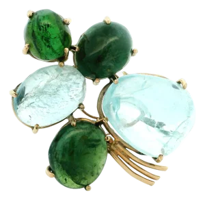 Italian Mid-Century Convertible Aquamarine & Green Tourmaline 14k Brooch Ring