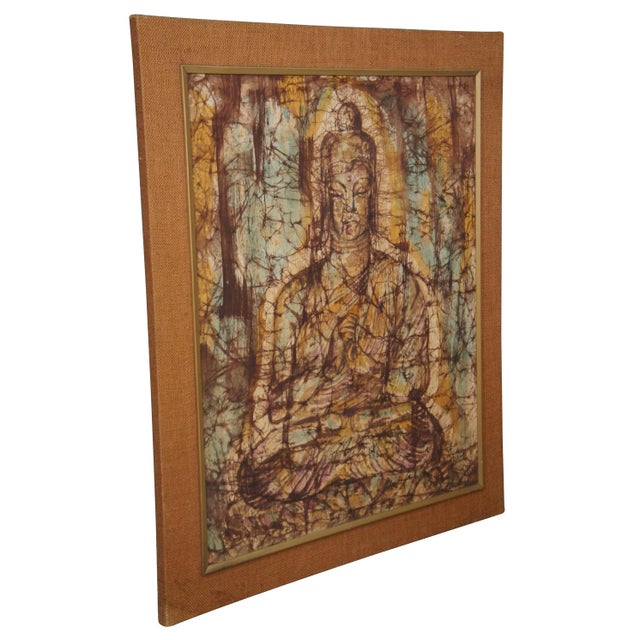 Mid century painting on silk of a Sitting Buddha in turquoise, orange, pink and brown. Fukazen & Co and Magic Touch Art...